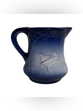 Vintage Cobalt Blue and White Ironstone Pitcher with Ducks and Tree